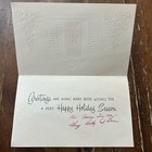 Vintage Mid-century Christmas Card Red Door Decorated Trees Embossed