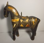 Vintage Hand Carved Wood Horse Figurine Decorative Inlay Brass Accents 8 