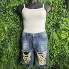 Women Shorts 31 Blue Distressed No Stretch Long Jeans Bermuda Machine Denim 0152
