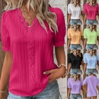 Womens V Neck Lace Hollow T-shirt Casual Loose Short Sleeeve Blouse Tops Tee