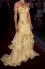 Yellow Off Shoulder Evening Gown Gold Lace Embroidery Tiered Formal Party Dress