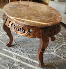 Chinese Rosewood Hand Carved Pink Marble Top Oval Coffee Table
