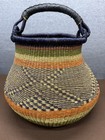 Large Handwoven African Bolga Basket Ghana Market Basket Leather Handle