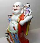 Chinese Laughing Buddha 5 Children Famille Rose Statue 13  Tall Standing