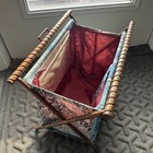 Vintage Knitting Sewing Caddy Yarn Basket Folding Wood Frame Blue Floral