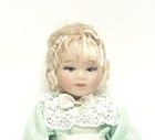 Dollhouse Miniature Porcelain Girl Doll Dressed In Mint Green   White