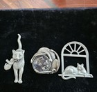 3 Jj Jonette Signed Pins Cat Head In Fish Bowl  Window Lay  Mom W Kitten Moving 
