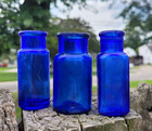 Vintage Antique Lot Of 3 Cobalt Blue Tiny Pill Bottles Cork Top 2 1 2  Tall