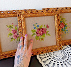 3psc Vtg Gold Tone Ornate Wood Frame Handmade Cross Stitch Embroidery Flower Art