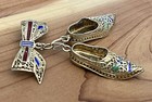 Vtg Vermeil 800 Silver Filigree Enamel Oriental Bow Cannetille Slippers Brooch