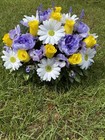 Cemetery Memorial Headstone Saddle Silk Flower Arr  Spring Lavender   Yellow