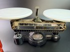 Vintage Ohaus Balance Scale Double Beam Metal Milk Glass Pans And Extra Weights