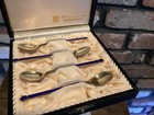 Vintage Sterling Silver Demitasse Spoon Set Royal Blue Enamel Front   Back