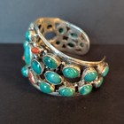 Vintage 925 Sterling Silver Cuff Bracelet With Turquoise And Coral Stones 70g