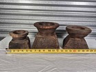 Set Of 3 Lg Antique Indian Hand Carved Wooden Bijni Seed Holders   Candle Stands