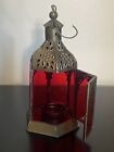 Vintage Moroccan Style Brass Lantern Red Glass Tea Light Candle Holder Unused