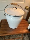 Vtg Large White-blue Trim Enamel Ware Pot W lid 10 x10   wire   Wood Handle