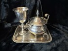 Vintage Silverplate Set  Tray  Goblet  Footed Bowl With Lid     Ornate Look