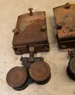 2 Vintage Cannonball Style Barn Door Double Wheel Roller   Bracket Tool Lot M4