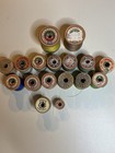 17 Wood Spools Of Old Thread With Accessories And Old Sewing Basket Great Cond 