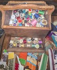 Vintage Wooden Sewing Notions Box Compartment 2 Drawers  Huge Lot Of Sewing Item