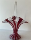 Vintage Murano Latticino Glass Basket Red   White Clear Handle 9    Tall 