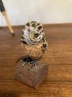 Vtg Hand Carved   Painted Wooden Perched Screech Owl On Wood Base Folk Art