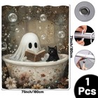 Halloween Ghost Shower Curtain  Ghost And Black Cat Gothic Bath Tub Curtain  Hal