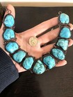 Huge Old Southwest Bisbee Blue Turquoise Sterling Silver Nugget Necklace 25   