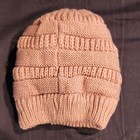 Women   s Beige Acrylic Knit Beanie Hat Solid Logo Accent One Size Fall winter