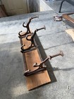 Antique 1900s Japan Finish Wall Coat Rack  Wood   Cast Iron 3 Hook Hanger