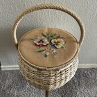 Vintage Wicker Sewing Basket With Legs Floral Needlepoint