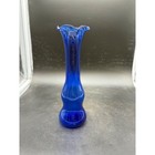 Vintage Cobalt Blue Swung Glass Bud Vase Ruffled Scalloped Rim 8 5 Inch