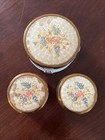 Vtg  3  Art Deco Ribbed Glass Vanity Jar Powder Jar Trinket Box Floral Metal Lid