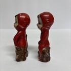 Vintage Pair 50s Red Pixie Elf Ceramic Figurine Seated On Tree Stump Japan
