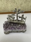 Vintage Pewter Wizard   Dragon Figurine On Amythest Crystal Base 