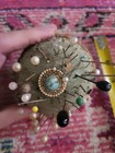 Ornate Vintage Ladies Sewing Room Pin Cushion Green Retro Jeweled Top Faux Stone