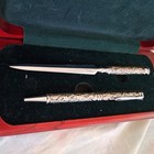  Vintage Flower Carved Metal W pen Letter Opener  original Wooden Box Great Gift