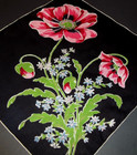 Large Vintage Ladies Handkerchief Huge Flowers On Black Hand Rolled Hem
