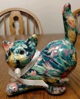 Decoupage Cat Kitten Figurine Glazed Posey Botanical Floral  7   x 6   x 4   