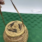 Vintage Woven Lidded Basket With Leather 5   x 4   