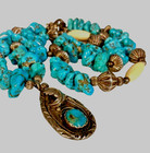 Vtg Navajo Sterling Silver Turquoise Pendant Nugget Necklace Signed Yazzie  93g