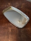 Vintage Footed Hollywood Regency Gilt Brass Oval Vanity Display Dresser Mirror