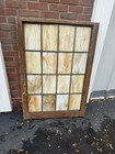 Antique Stained Glass Window Panel Opalescent Slag Glass Wood Frame Grid 47x33