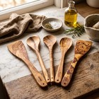 Oliviko 100  Olive Wood Handmade 5 Piece Utensil Set - 3 Spoons 2 Spatulas