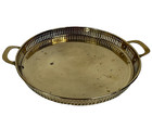 Vintage Etched Round Brass Tray Reticulated With Handles  Made In India