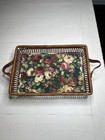 Vintage Wicker   Wood Fabric Lined Tray   Basket With Handles 14 5   
