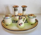 Vtg Ceramic Vanity Dresser Set Hp Stripes   Flowers 6 Pc Ooak Cottage-shabby 