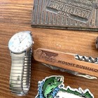 Vtg Junk Drawer Lot Tins Pewter Viking Timex Pinbacks Deer Tag Magnets Ruler Etc