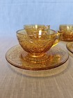 Set Of 4 Vintage Indiana Glass Amber Daisy Pattern Teacup And Saucer Sets